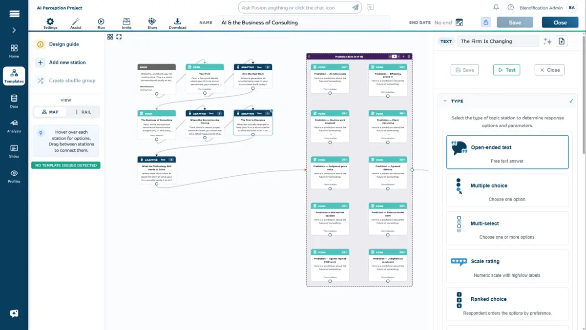 Curious AI conversation template builder showing an adaptive research study