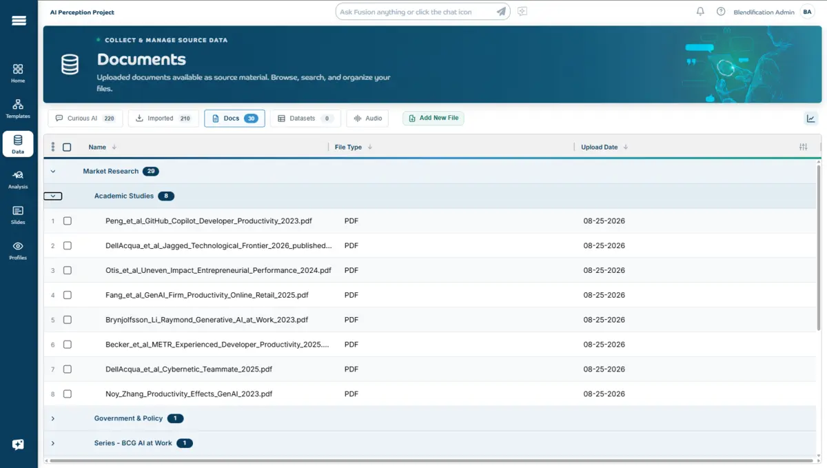 Blendification data workspace combining documents, surveys, and business system data